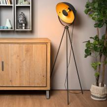 Lucide Stehlampe ALVARO – Vintage Stehleuchte mit Dreibein & Gold-Innenfarbe