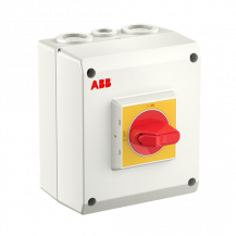 ABB OTP25BA6M Lasttrennschalter im Gehäuse 6-polig 20 A, 415V mit rot-gelbem Griff Kunststoffgehäuse IP65 Einführung oben und unten