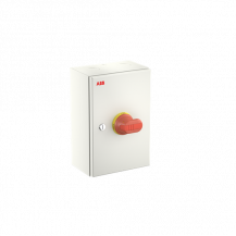 ABB OTL100GBA4M Wartungsschalter, 4-polig 415V AC23 100A, 55kW, mit rot-gelbem Griff Stahlblechgehäuse IP65 Einführung oben und unten
