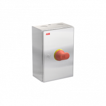ABB OTR125GBA4M Wartungsschalter, 4-polig 415V AC23 125A, 55kW, mit rot-gelbem Griff Edelstahlgehäuse IP65 Einführung oben und unten