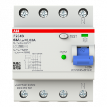 ABB F204 B-63/0.03 FI-Schalter Typ B 4P, 63A, 30mA, 3kA, 4TE, allstromsensitiv, kurzzeitverzögert
