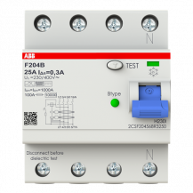 ABB F204 B-25/0.3 FI-Schalter Typ B 4P, 25A, 300mA, 3kA, 4TE, allstromsensitiv, kurzzeitverzögert