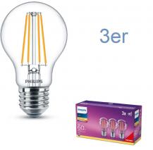 3er Pack PHILIPS E27 LED Lampen 7W als 60 Watt Ersatz klar mit Filamentfäden warmweisses Licht